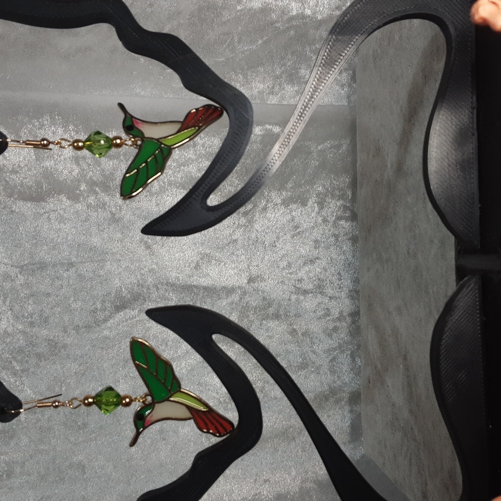 Handmade Humming Bird Stained Glass Looking Green Orange